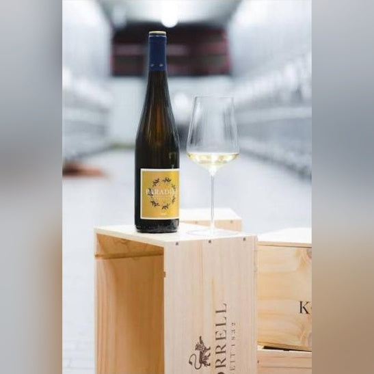 Korrell Kreuznacher Paradies Riesling Dry 2024 with glass on wine crate