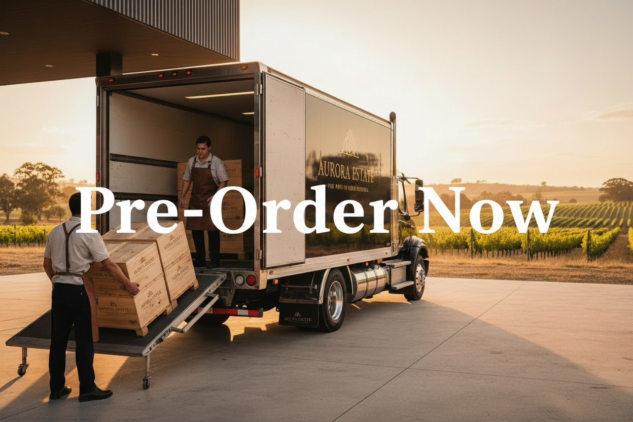 Truck loading wine crates with Pre-Order Now overlay